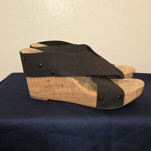 Lucky Brand Cork Wedge Sandal With Black Elastic Criss Cross Straps